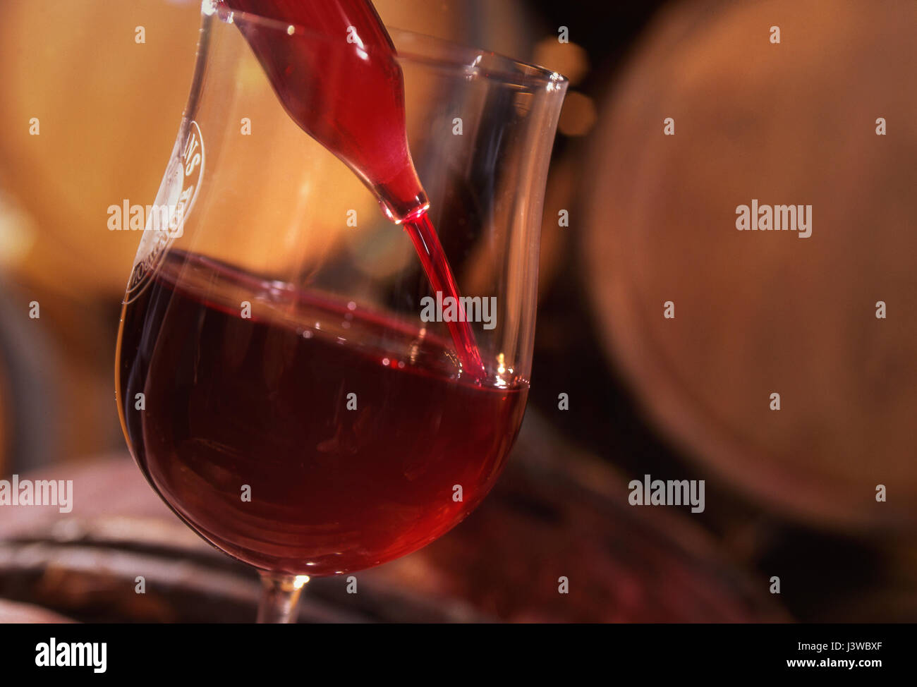 Keller Weinprobe Pipettieren Tasting Glas mit Pinot Noir Rotwein, aus Keller Fass für die Verkostung und Bewertung, Burgund Cote d'Or Frankreich gezogen Stockfoto
