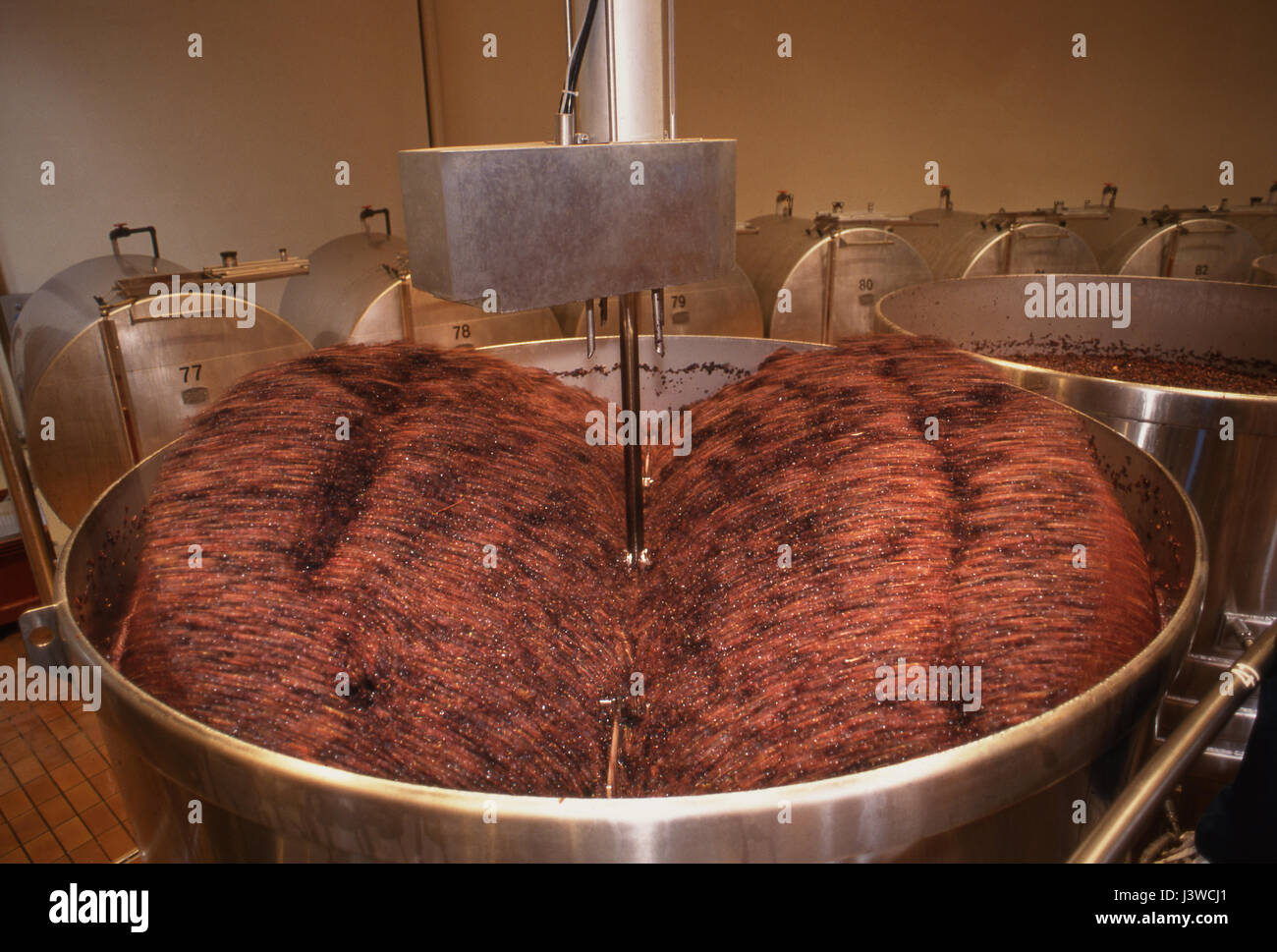 Automatisierte Pigeage (reißt sich die Traube GAP) Maschine, in einen Behälter des Pinot Noir in La Sablière Winery, Louis Jadot gären. Beaune, Côte d ' or, Frankreich. Stockfoto