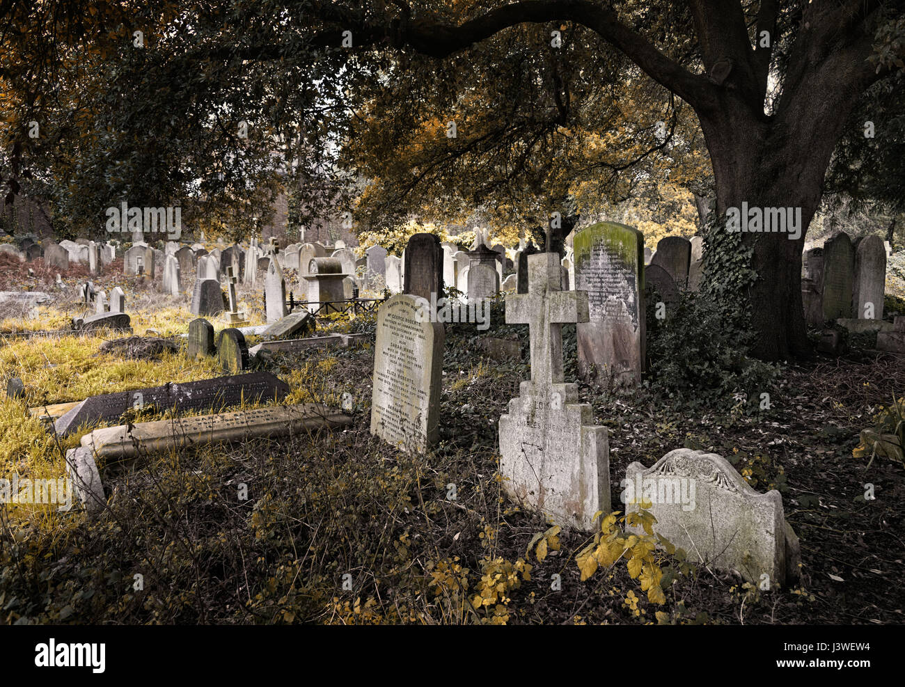 Alten Spuk überfüllt Friedhof im Herbst / Herbst mit vielen Grabsteine und Kreuze Stockfoto