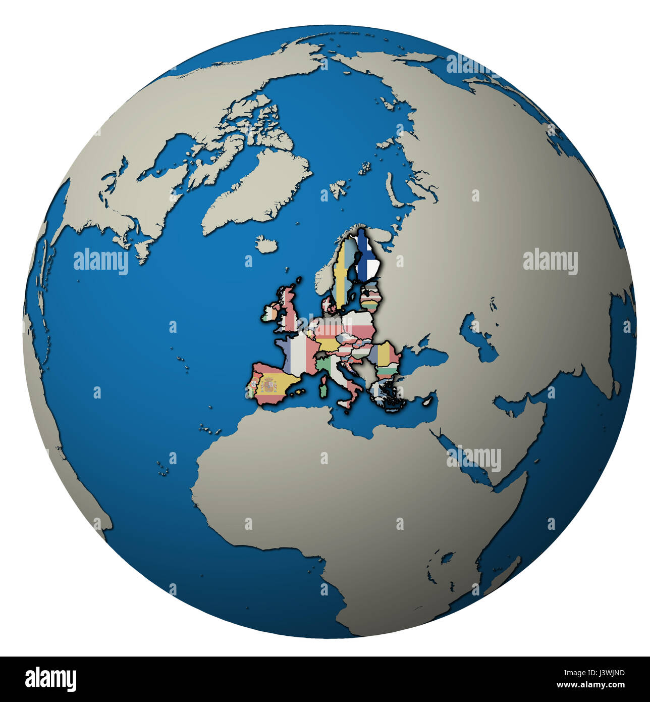 Finnland-Lage mit Nationalflagge über Gebiet der Europäischen Union Mitgliedsländer auf Globuskarte isoliert auf weiß Stockfoto