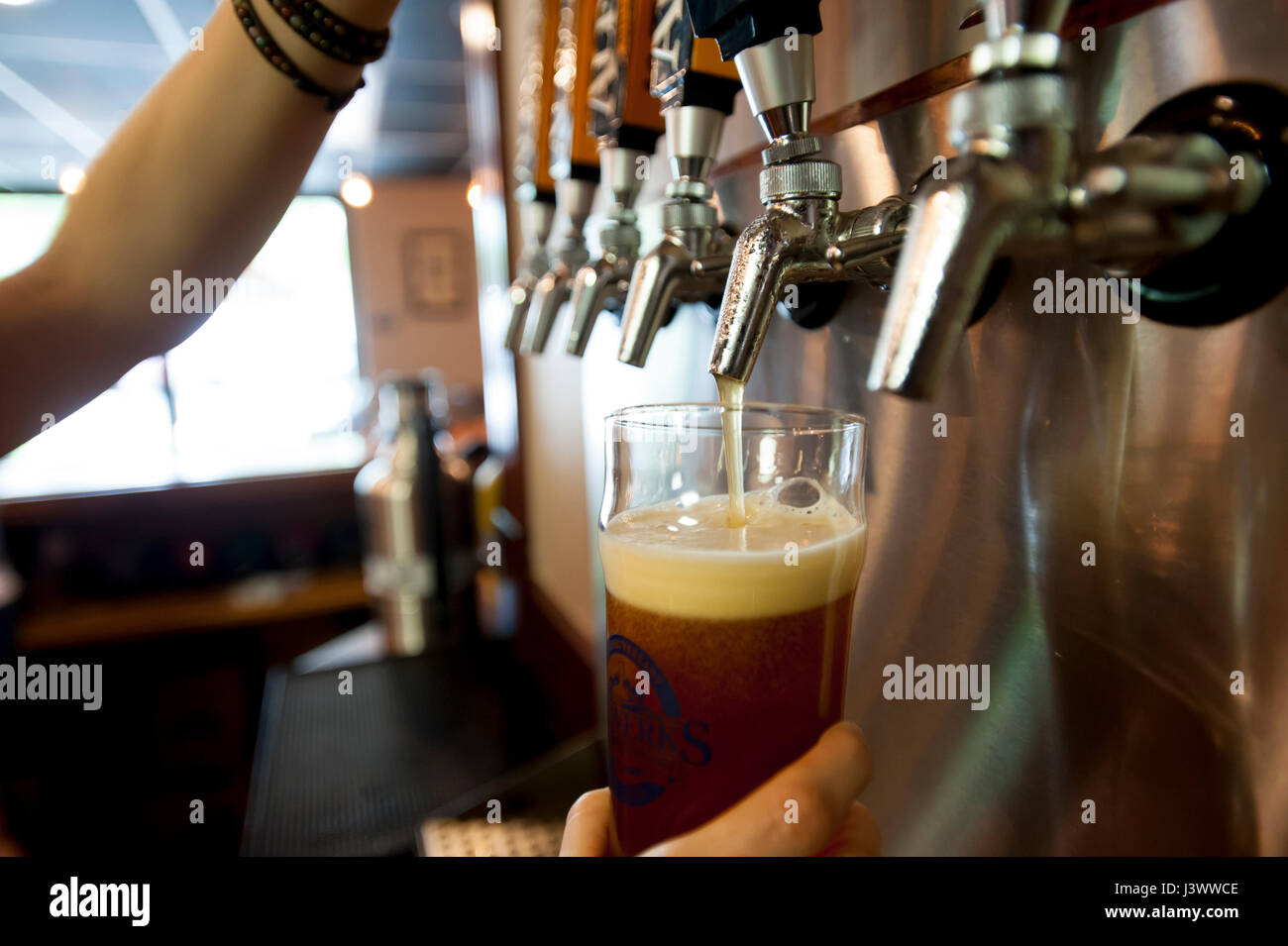 USA-Virginia-VA Frau gießen ein Glas hausgemachte Bier in der Brauerei Alewerks Stockfoto