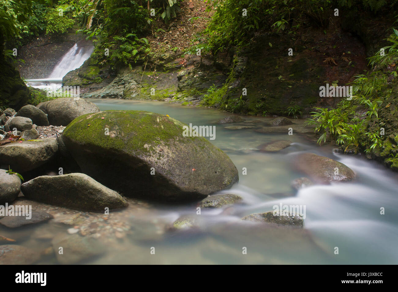 Üppige Bach mit Wasserfall im Tieflandregenwald von Panama. Stockfoto