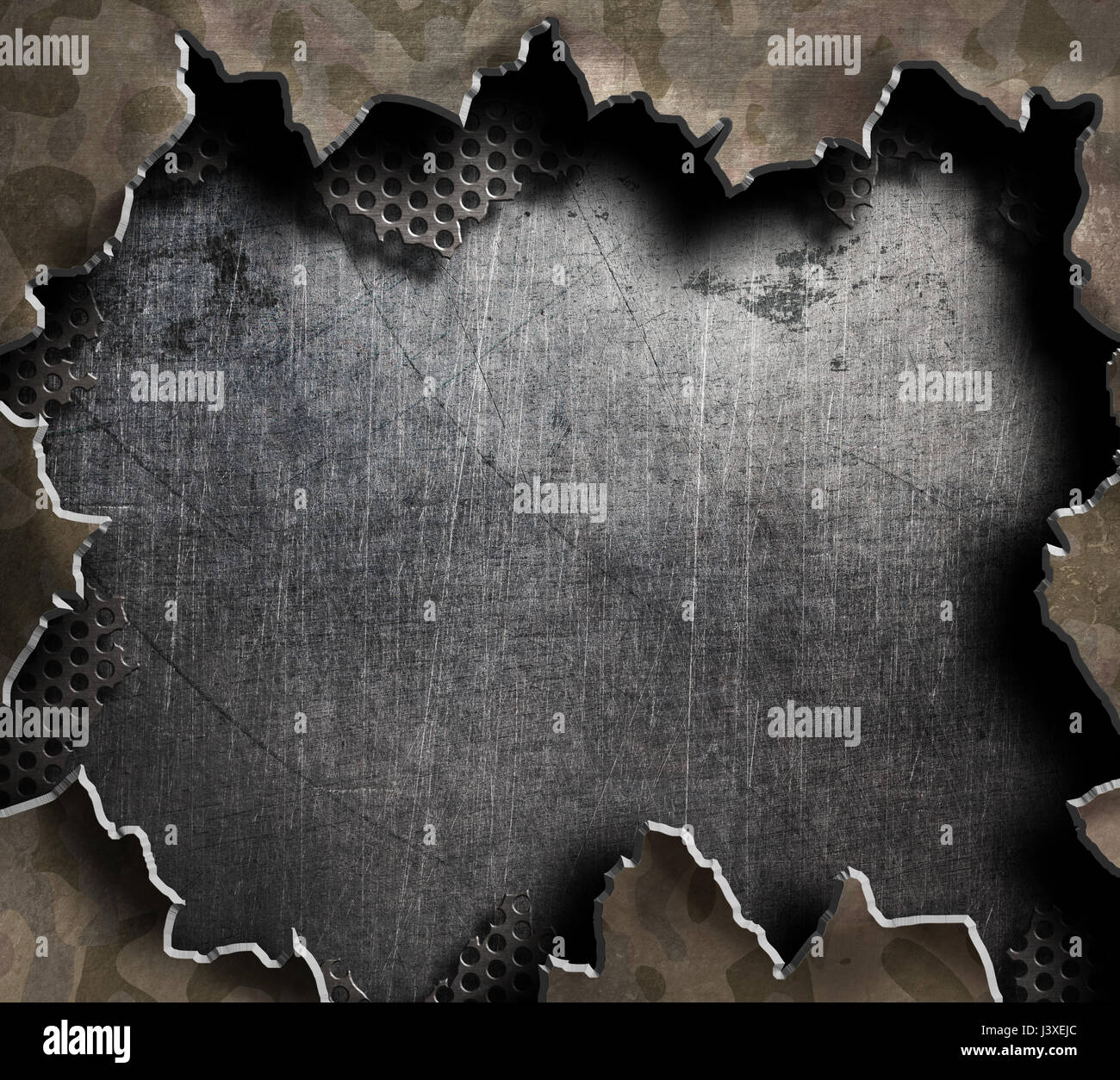 großes Loch im Metall militärische Board 3D-Illustration Stockfoto