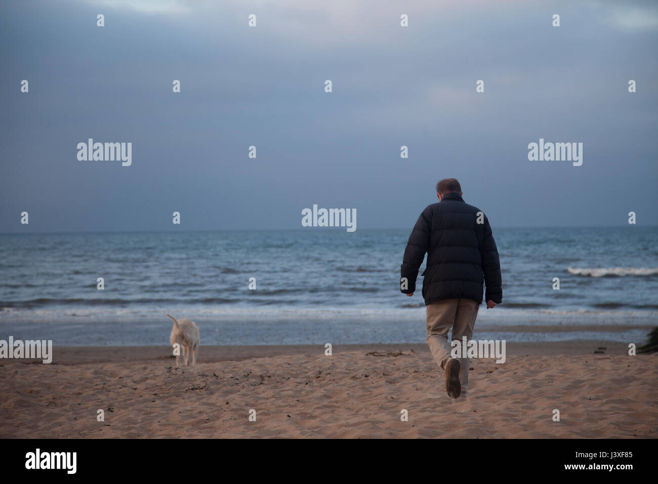 Mann mit dem Hund zu Fuß in Richtung Meer im Sonnenuntergang. Portobello Beach in Edinburgh, die Hauptstadt von Schottland, UK. Stockfoto