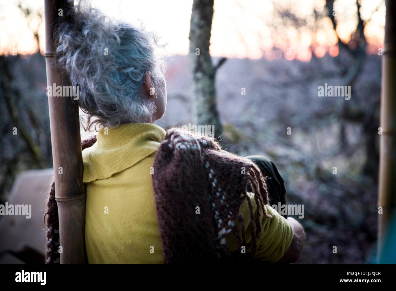 Ansicht der Rückseite des reife Frau sitzt auf der Veranda Wald Sonnenuntergang beobachten Stockfoto