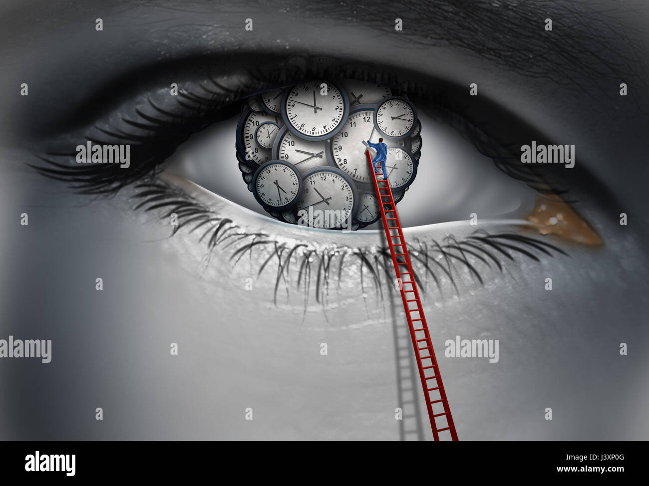 Interne Uhr und circadianen Rhythmus Konzept als ein menschliches Auge mit Zeitmesser mit einer Person anpassen und organisieren einen Arbeitsplan denken Stockfoto
