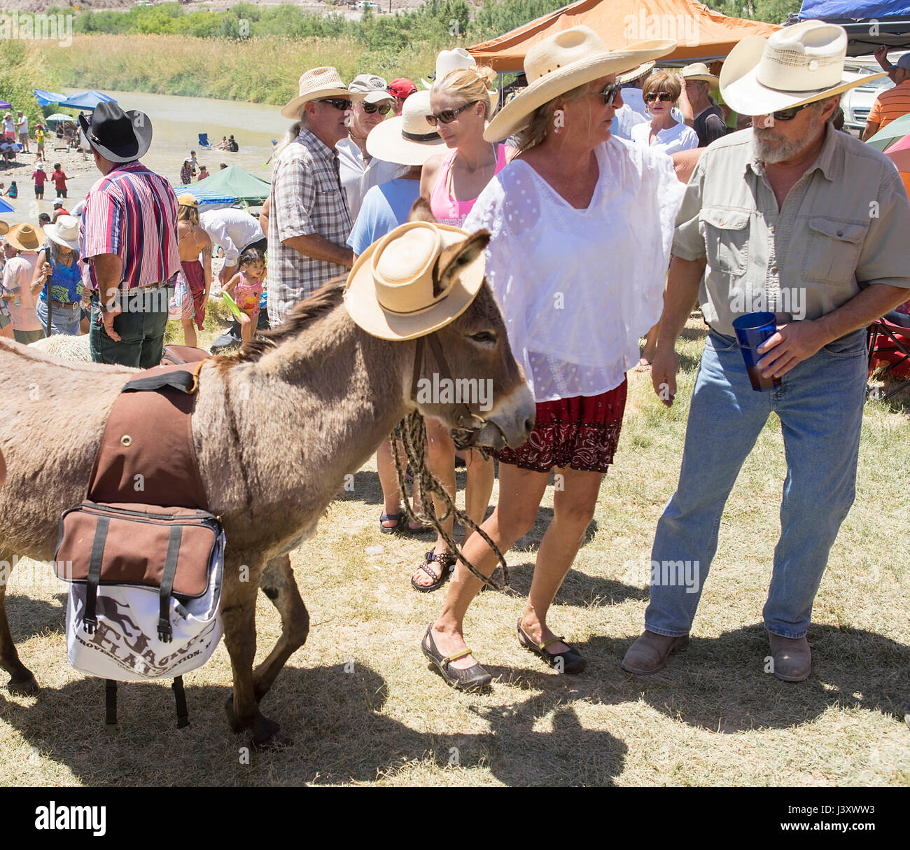 Eine Frau und ihr Esel, Teilnahme an Protesta Fiesta, eine jährliche Veranstaltung, um die Schließung der US-mexikanischen Grenze in Lajitas, Texas zu protestieren. Stockfoto