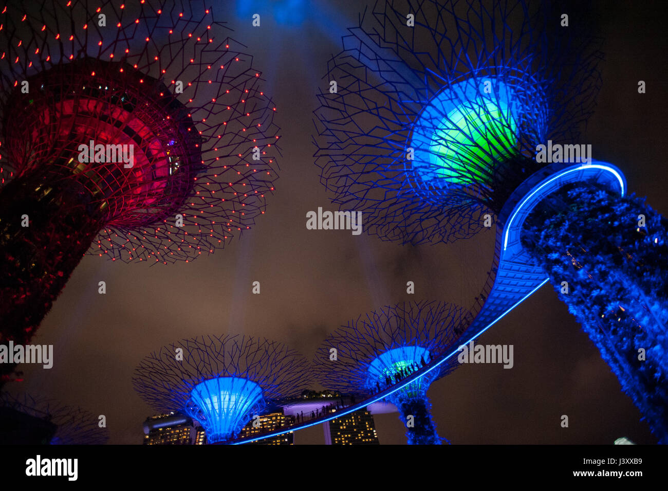 06.05.2017, Singapur, Republik Singapur, Asien - Lichtstrahlen, die die Lichtschwerter von Supertrees in den Himmel projiziert werden. Stockfoto