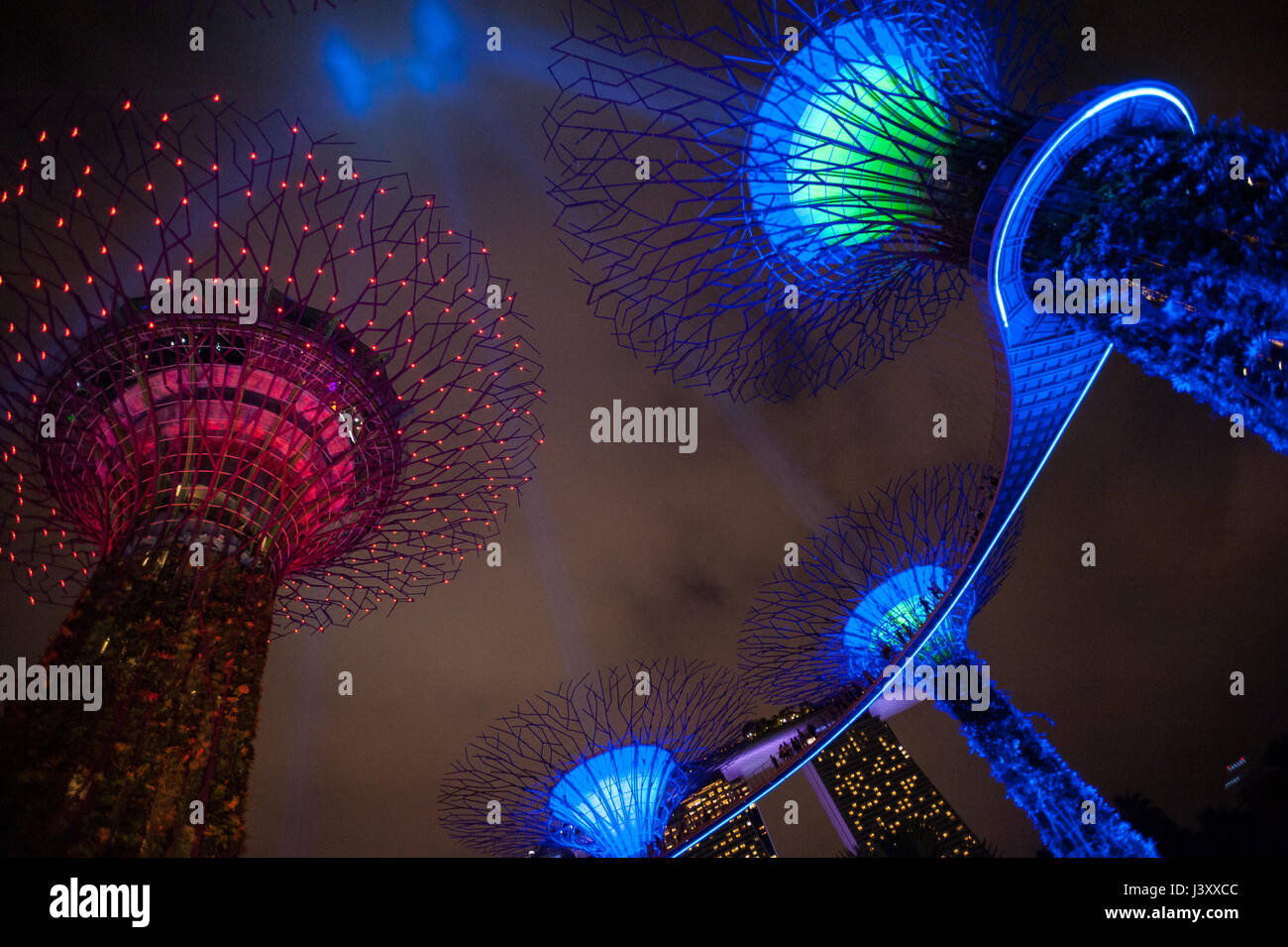 06.05.2017, Singapur, Republik Singapur, Asien - Lichtstrahlen, die die Lichtschwerter von Supertrees in den Himmel projiziert werden. Stockfoto