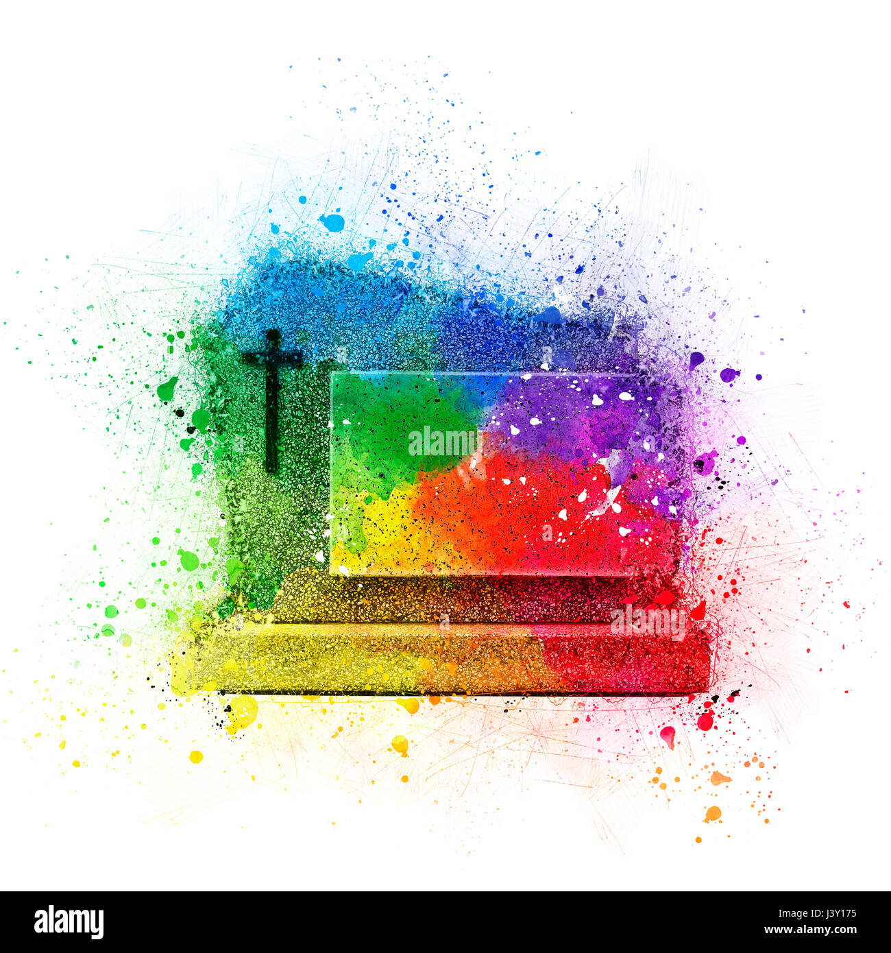 einzelne Grabstein erschüttert und farbig auf weißem Hintergrund Stockfoto