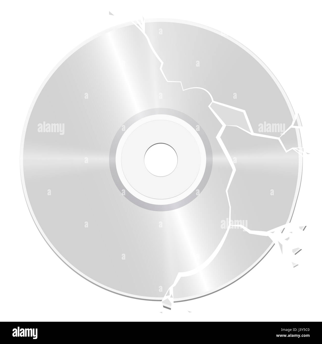 Gebrochene, beschädigte CD - Abbildung auf weißem Hintergrund. Stockfoto