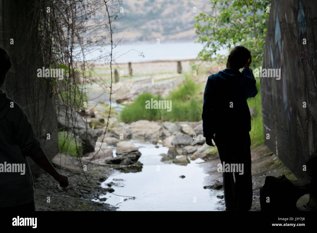 Silhouette des jungen in Kanalisation, Pacific Rim National Park, Vancouver Island, Kanada Stockfoto