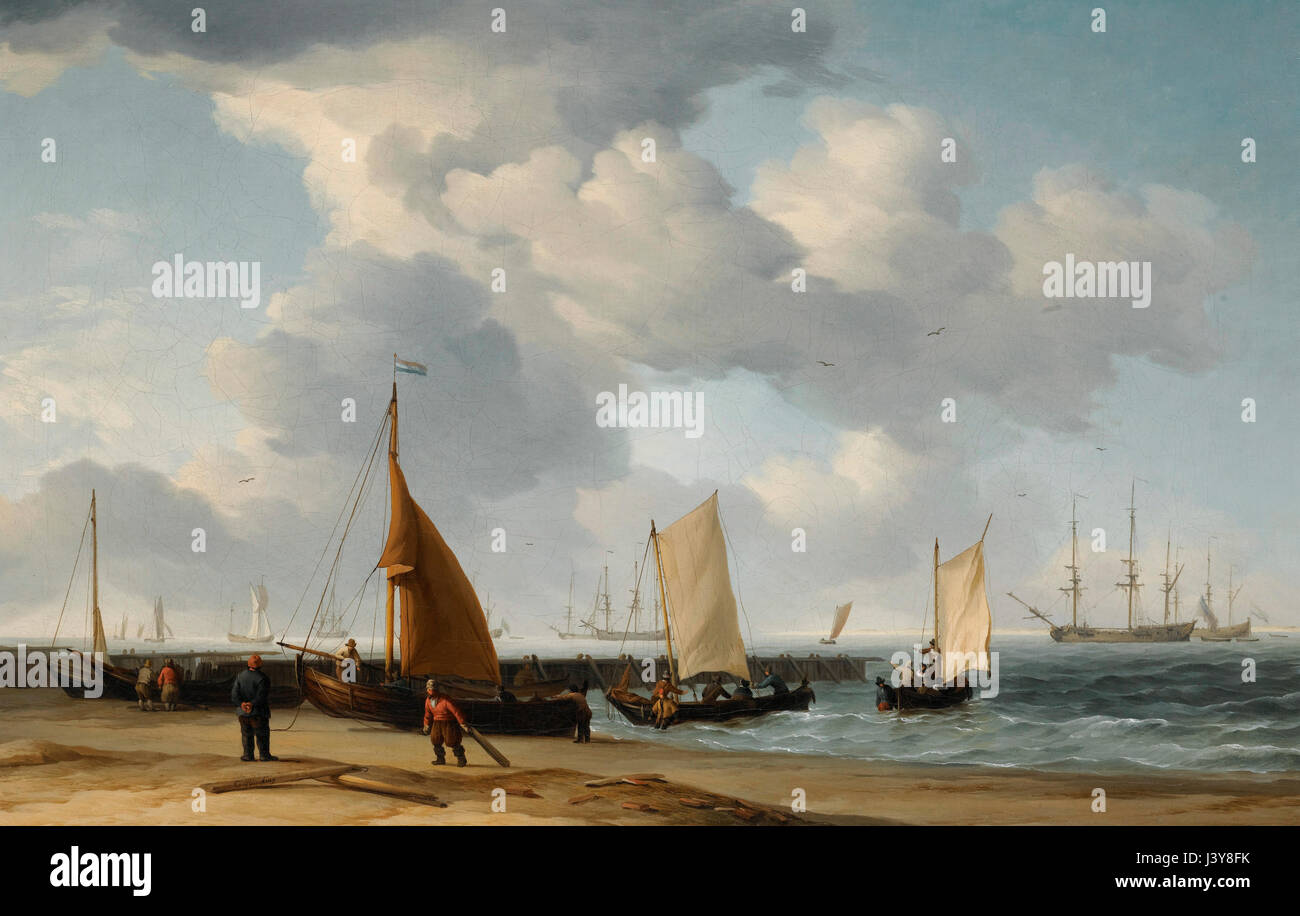 Ein Niederländisch-Strand-Szene mit einem Kriegsschiff in der Ferne - Charles dulden, um 1750 Stockfoto