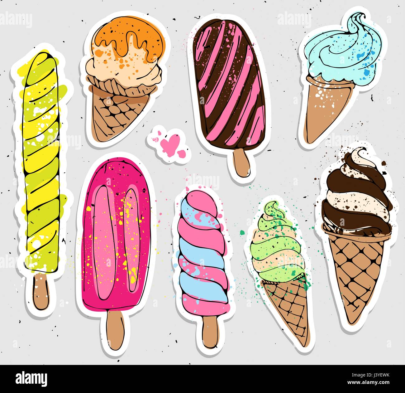 große Reihe von niedlichen Cartoon Hand zeichnen Eis Aufkleber. niedliche Sticker, Patches oder Pins Sammlung. Ice Cream farbigen Aufkleber eingestellte Zeit Stock Vektor