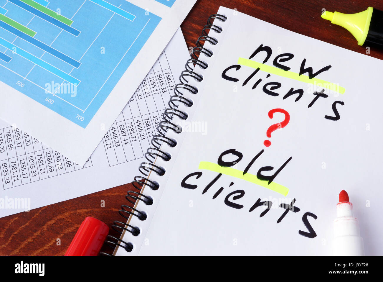 Neue Kunden oder alte Clients in eine Notiz geschrieben. Customer Acquisition Konzept. Stockfoto