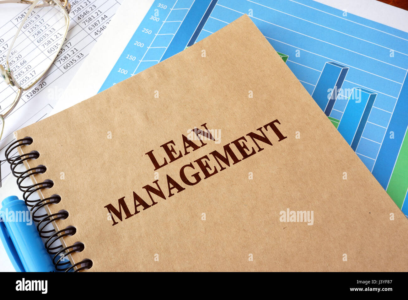 Buchen Sie mit Titel-lean-Management auf einem Tisch. Stockfoto
