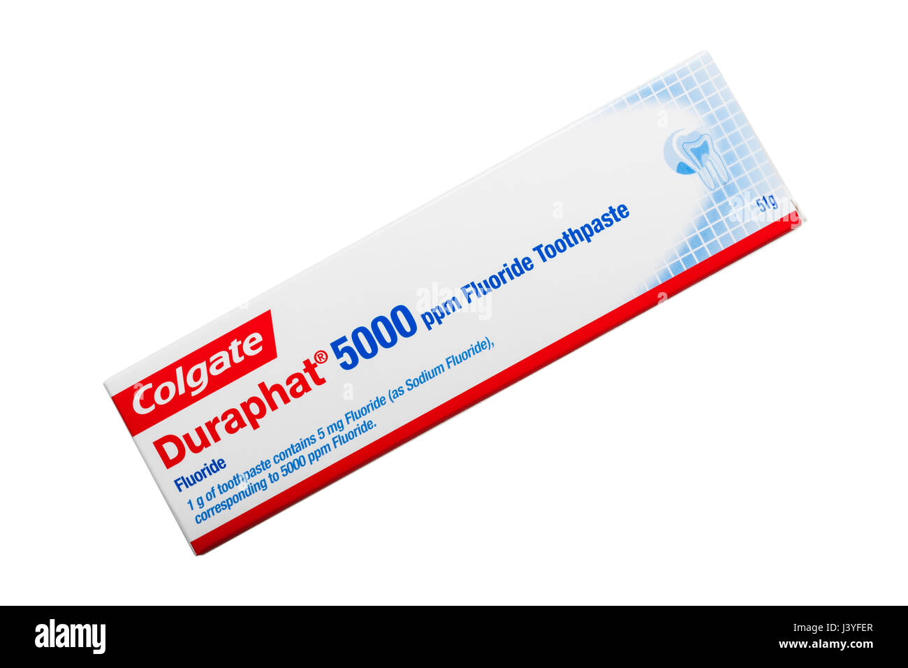 Ein Rohr von Colgate Duraphat 5000ppm Fluorid Zahnpasta auf weißem Hintergrund Stockfoto