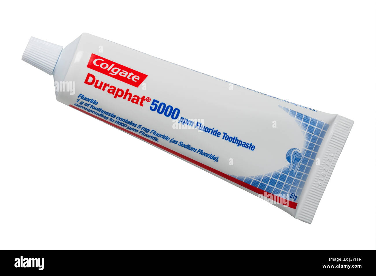 Ein Rohr von Colgate Duraphat 5000ppm Fluorid Zahnpasta auf weißem Hintergrund Stockfoto