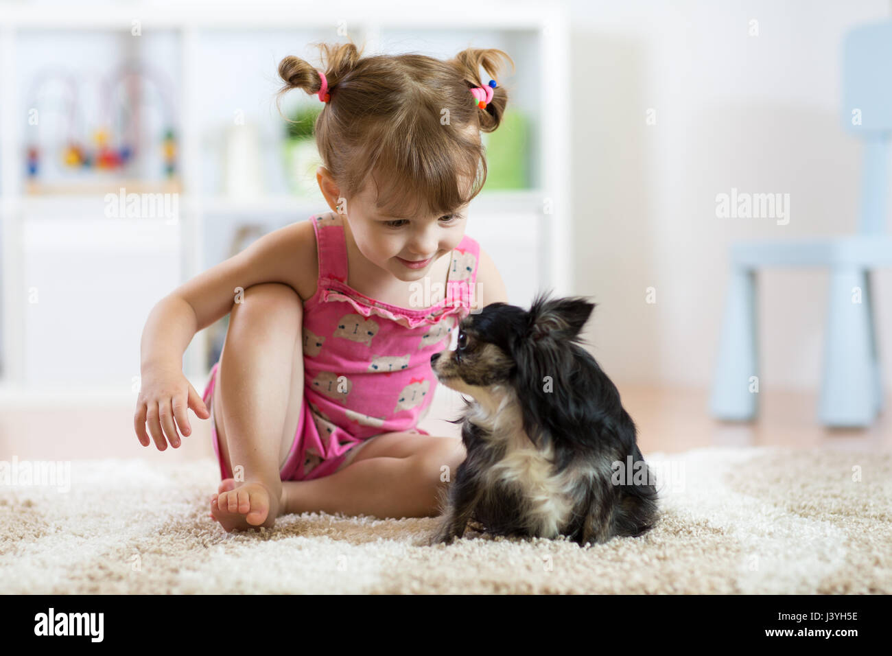 Kleine Mädchen spielen mit ihrem niedlichen kleinen Hund im Wohnzimmer Stockfoto