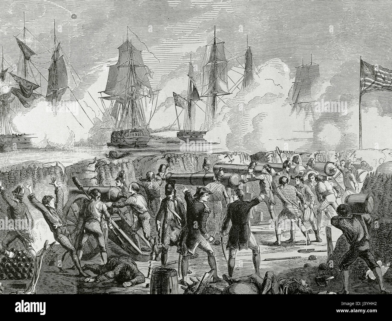 Amerikanischer Unabhängigkeitskrieg (1775-1783). Schlacht von Sullivans Island, 28. Juni, 1776. Amerikanische Soldaten feuern ihre Artillerie gegen die englische Flotte. Gravur. Stockfoto
