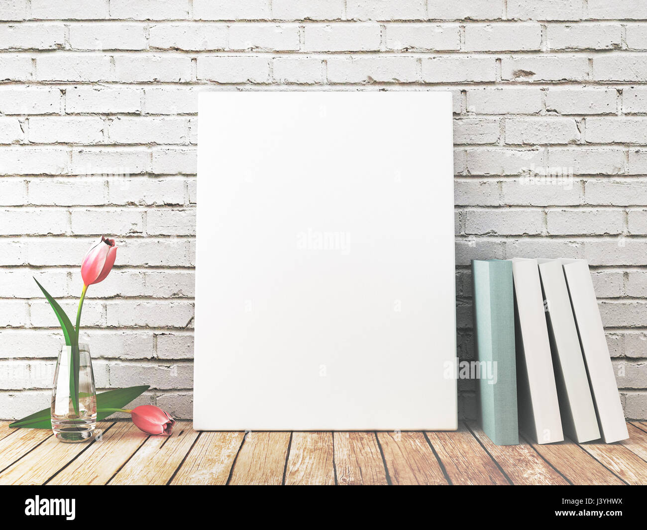 Weißer Rahmen oder Leinwand mit Buch und Blumen Stockfoto