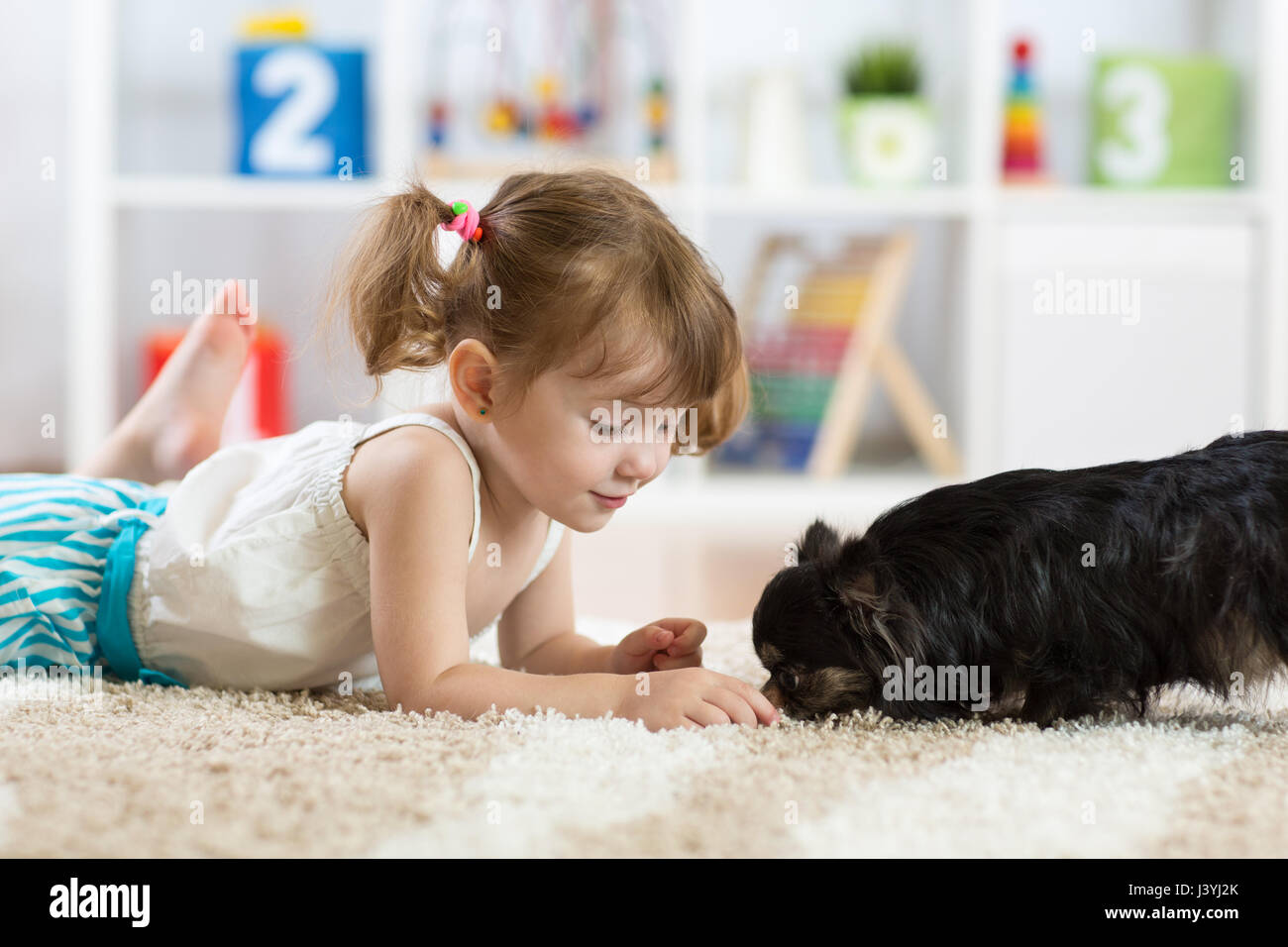 Kleine Mädchen und kleinen niedlichen Hund im Wohnzimmer Stockfoto