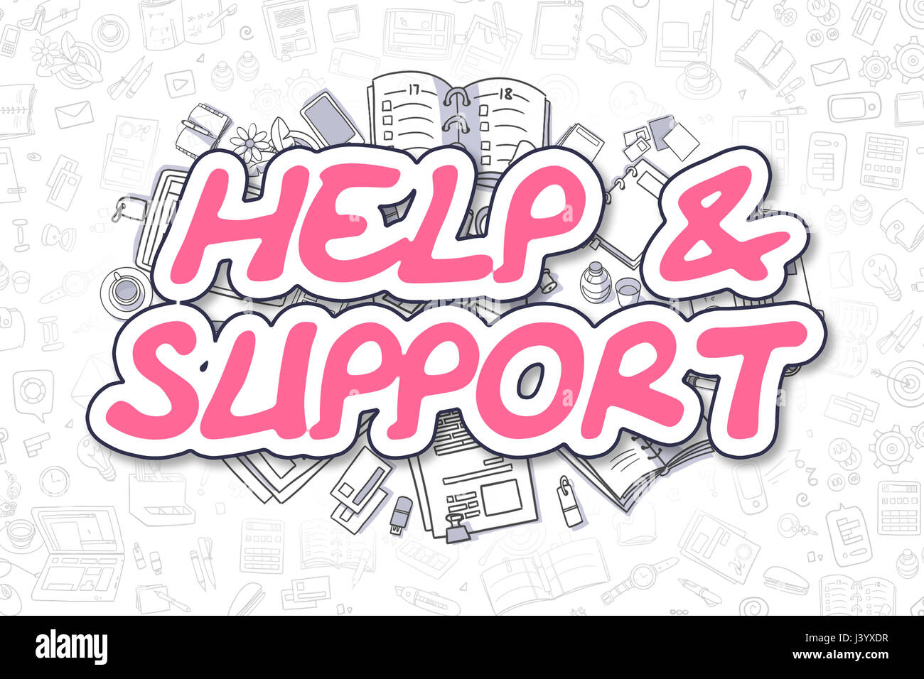 Hilfe und Unterstützung - Doodle Magenta Text. Business-Konzept. Stockfoto