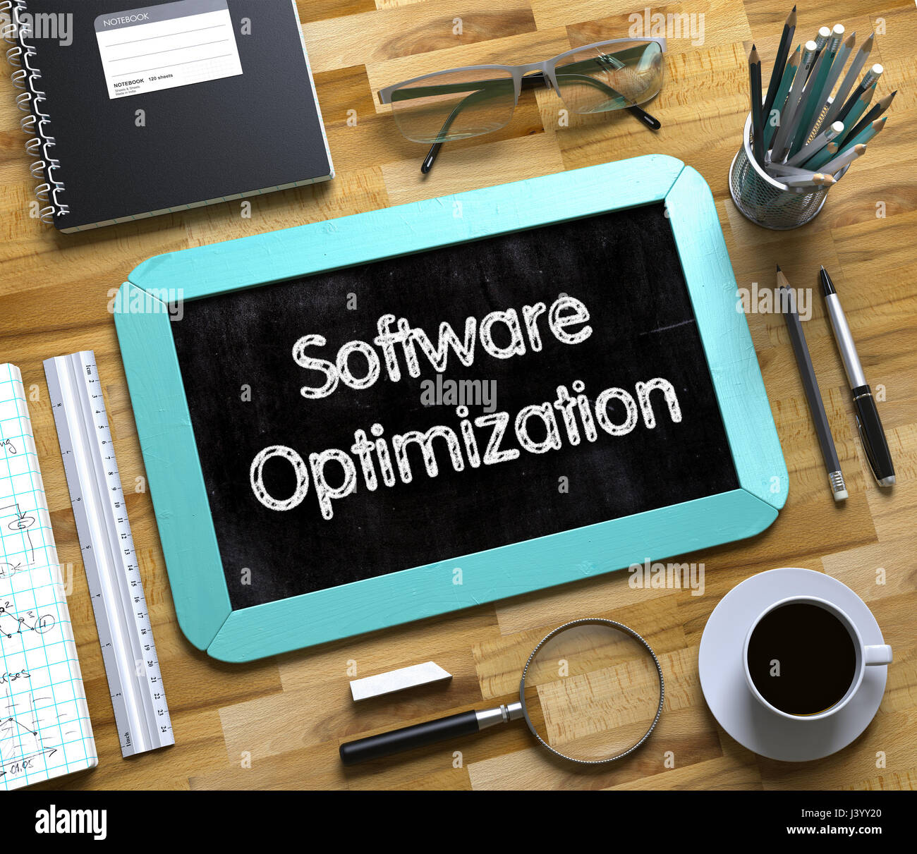Software-Optimierung handschriftlich auf kleinen Tafel. 3D. Stockfoto