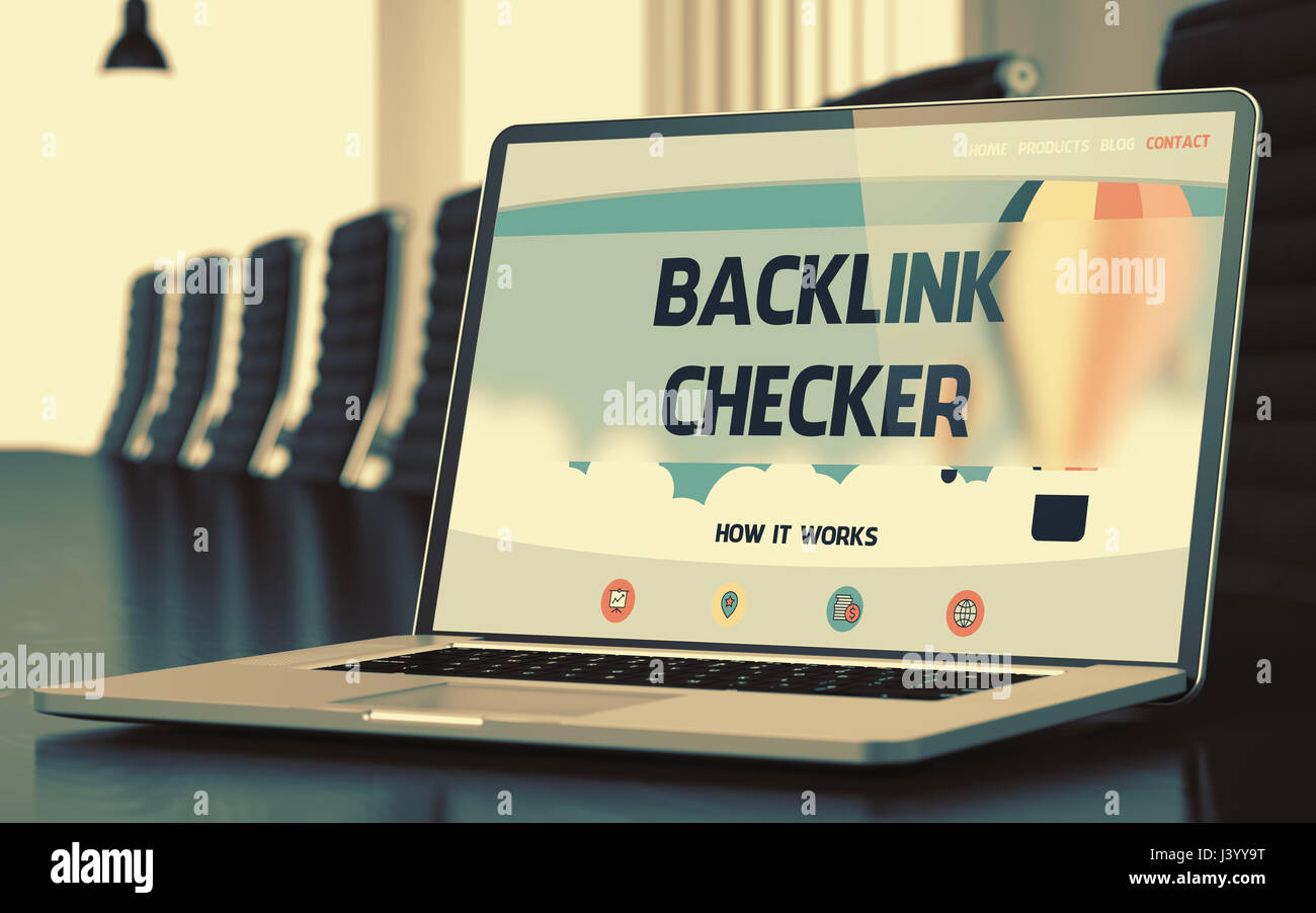 Backlink-Checker - auf Laptop-Bildschirm. Closeup. 3D. Stockfoto