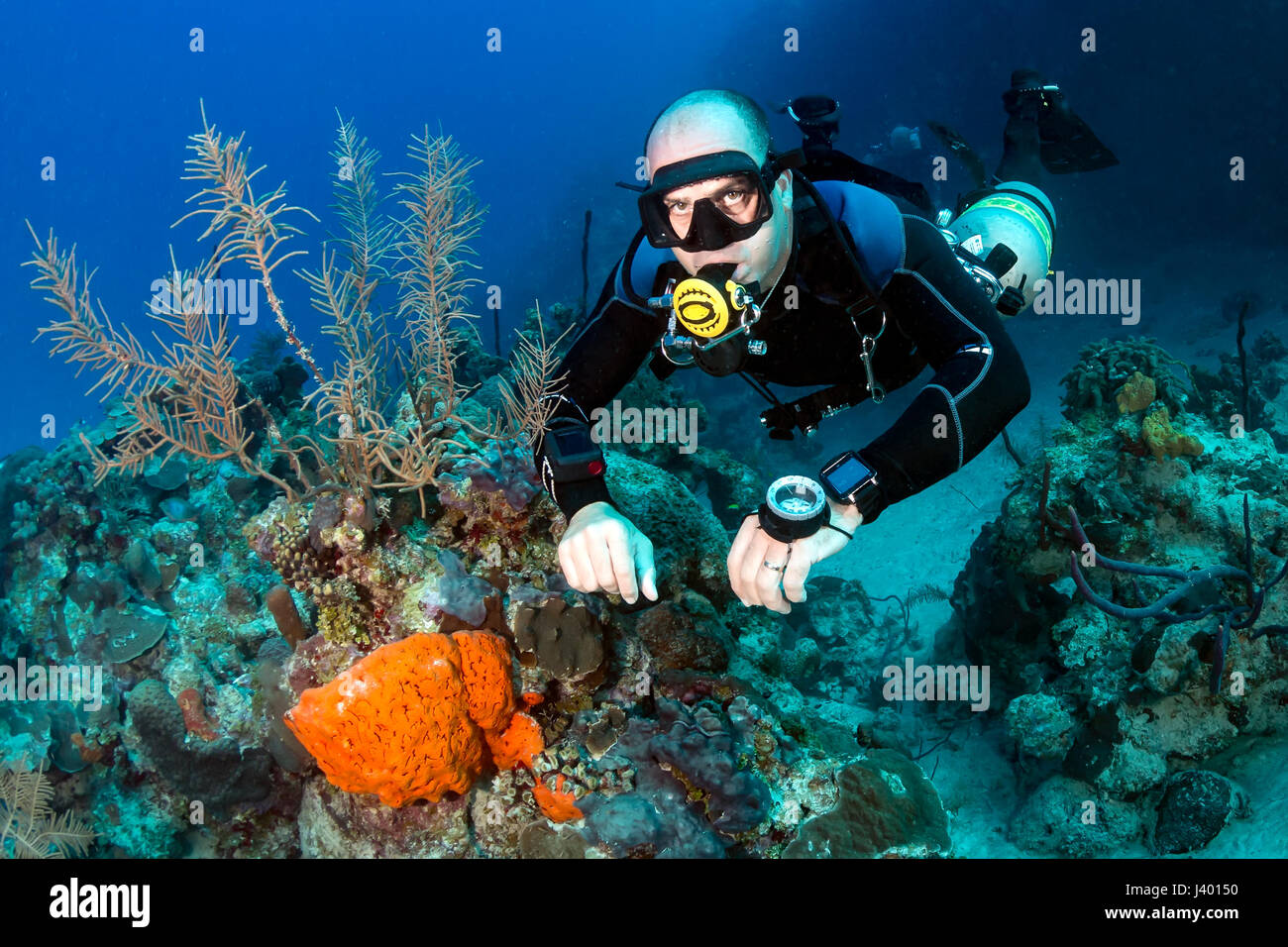 Taucher in einem technischen Sidemount-Anordnung an einem tropischen Korallenriff Stockfoto