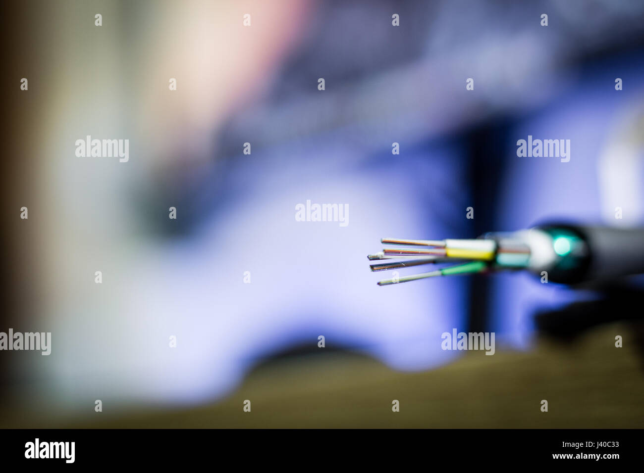 Glasfaserkabel vor Computer mit unscharfen Hintergrund isoliert. Fiber-to-home Internet - FTTH Stockfoto