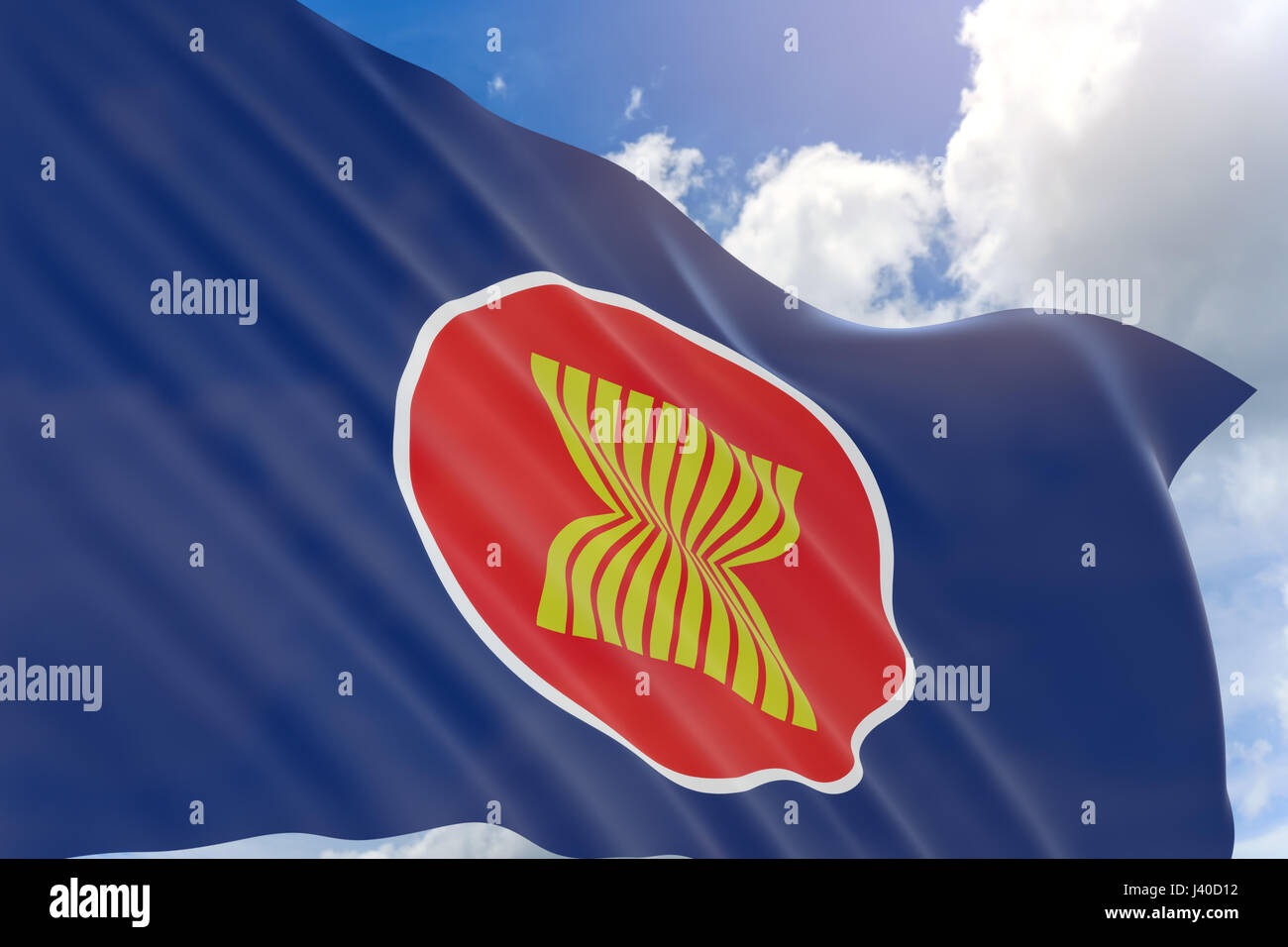 3D-Rendering des Asean Wirtschaftsgemeinschaft Fahnenschwingen auf blauen Himmelshintergrund, die Fahne der Vereinigung Südostasiatischer Nationen (AEC) Stockfoto