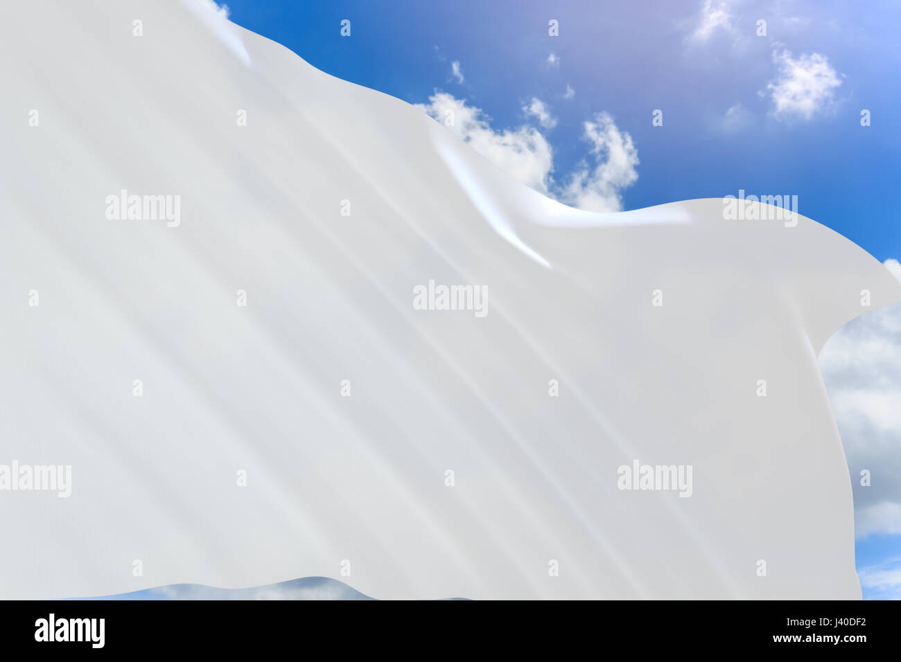 3D rendering der weiße Fahne schwenkte hautnah auf blauen Himmelshintergrund, leere weiße klare Fahnenschwingen gegen saubere blaue Himmel Stockfoto