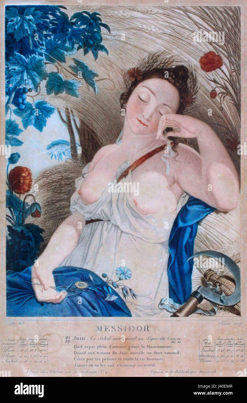 Messidor bezieht sich auf den französischen Revolutionskalender vom 19. Juni bis 18. Juli, der den Beginn des Sommers in Frankreich markiert. Der Monat hat historische Bedeutung im Zusammenhang mit den landwirtschaftlichen und sozialen Ereignissen während der Revolution. Stockfoto