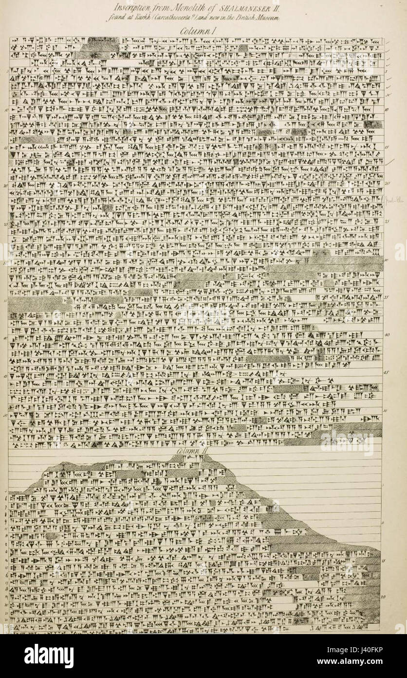 Die Kurkh-Inschrift ist ein altes assyrisches Artefakt, das von Schalmaneser III. Im 9. Jahrhundert v. Chr. geschaffen wurde. Es handelt sich um einen wichtigen historischen Text, der die militärischen Feldzüge und Erfolge des Königs dokumentiert. Stockfoto