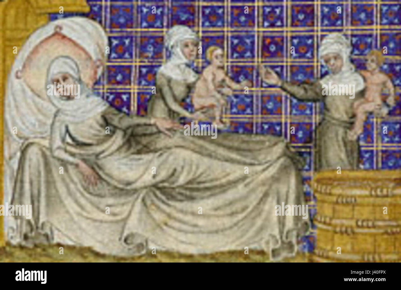 Dieses Kunstwerk des Meisters von Jean de Mandeville veranschaulicht die biblische Geschichte der Geburt von Esau und Jakob und konzentriert sich auf den Moment ihrer Geburt, wie im Buch Genesis erzählt. Das Werk spiegelt die mittelalterliche europäische religiöse Kunst und die Bedeutung biblischer Erzählungen in dieser Zeit wider. Stockfoto