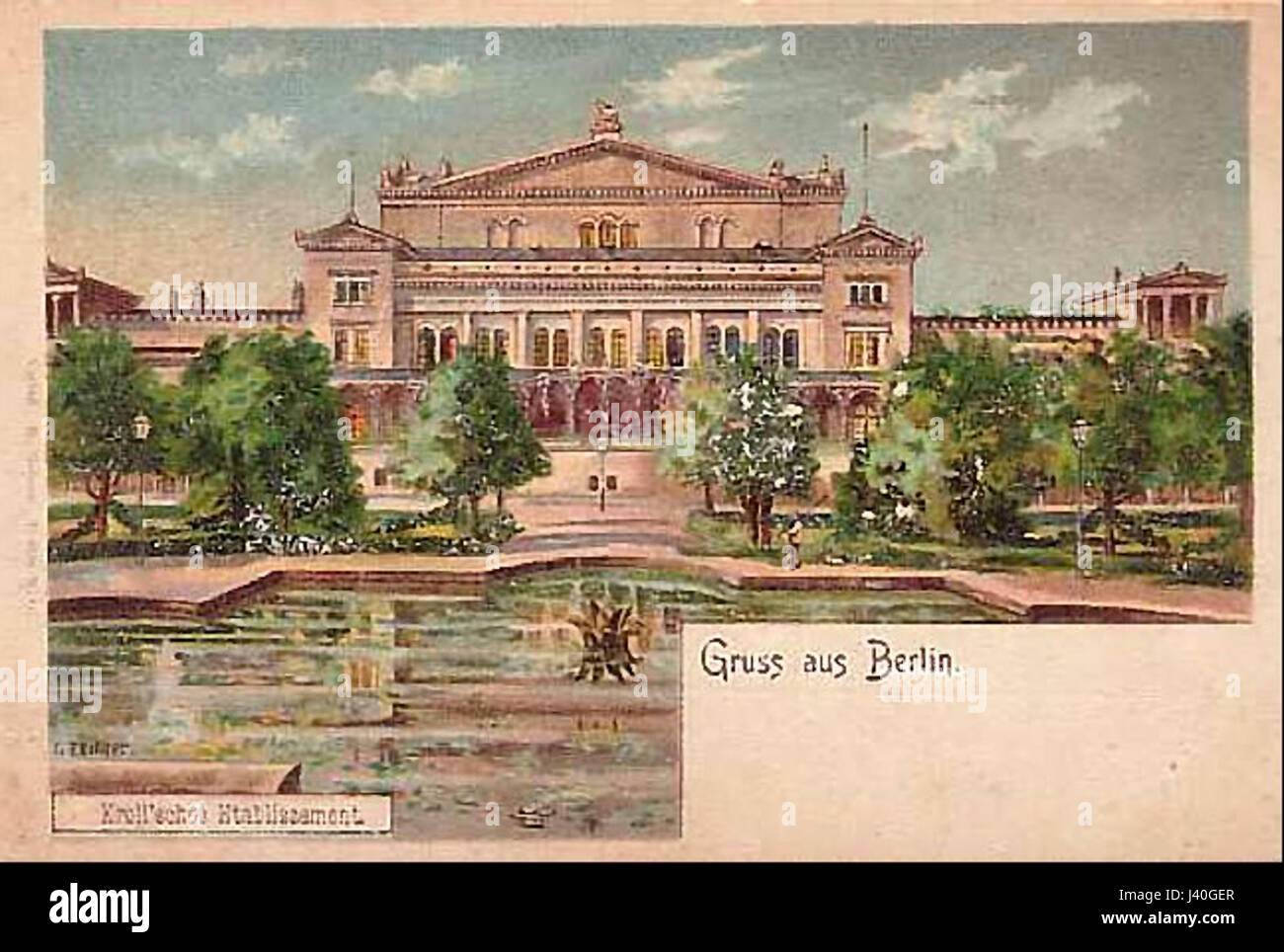Dieses Foto, das um 1890 aufgenommen wurde, zeigt das Krolloper, ein berühmtes Theater in Berlin. Bekannt für seine kulturelle Bedeutung, war es ein prominenter Veranstaltungsort für Oper und Aufführungen im späten 19. Jahrhundert. Das Bild gibt einen historischen Blick auf die Architektur des Gebäudes und seine Rolle im kulturellen Leben Berlins. Stockfoto