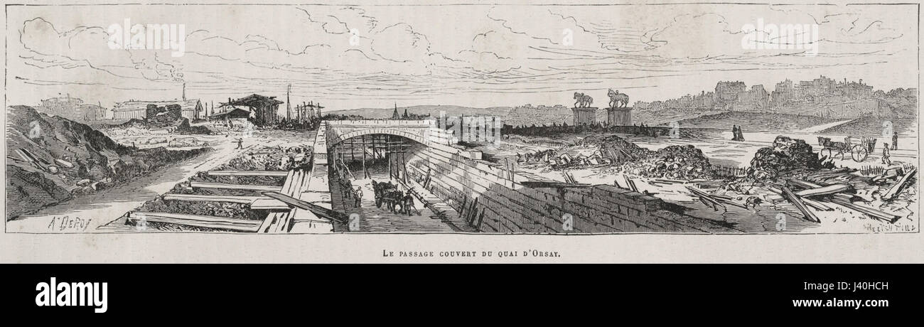 Le Passage Couvert du Quai d'Orsay ist eine historische überdachte Passage in Paris, Frankreich, in der Nähe des Quai d'Orsay. Dieses architektonische Merkmal ist bekannt für seine historische Bedeutung und Rolle bei der Entwicklung der Stadtlandschaft von Paris im 19. Jahrhundert. Stockfoto