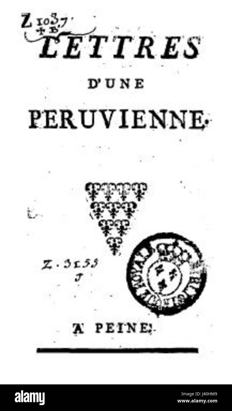 Lettres Peruviennes, auch „peruanische Briefe“ genannt, bezieht sich auf ein literarisches Werk, das die Kultur, Geschichte oder Gesellschaft Perus reflektiert. Die Briefe können Einblicke in peruanisches Leben, Politik oder Kultur während eines bestimmten Zeitraums geben, möglicherweise in einem historischen Kontext. Stockfoto