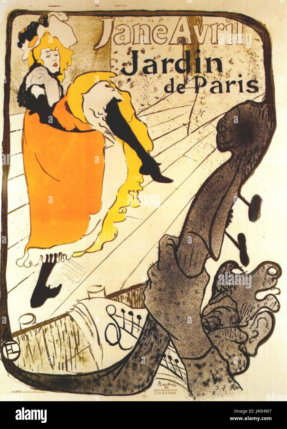 Henri Toulouse-Lautrecâ Poster aus dem Jahr 1893 mit Jane Avril im Jardin de Paris ist ein berühmtes Kunstwerk, das das pulsierende Pariser Nachtleben und die Kabarett-Kultur einfängt. Das Stück hebt die berühmte Tänzerin und die lebhafte Unterhaltungsszene im Paris des späten 19. Jahrhunderts hervor. Stockfoto