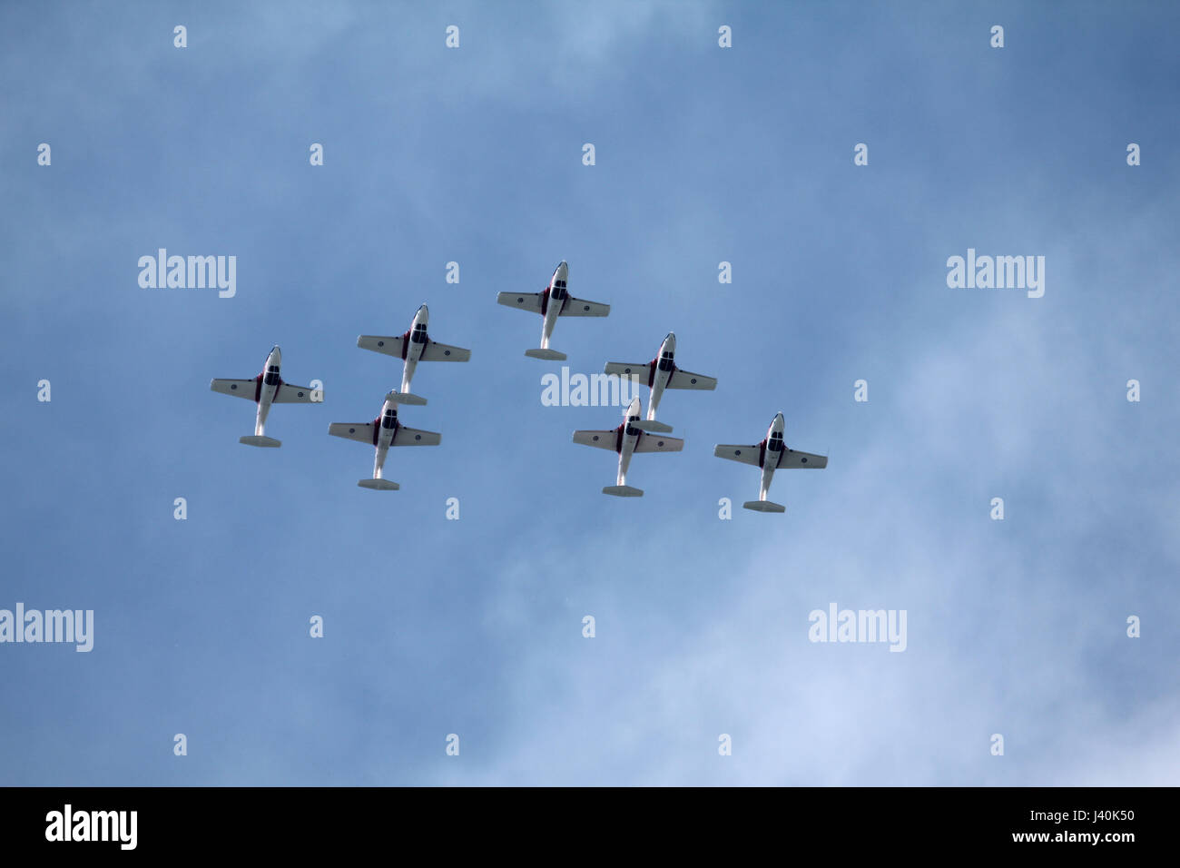 Kanadische Snowbirds fliegen in Formation bei einer Airshow. Durch den Himmel schweben. Stockfoto