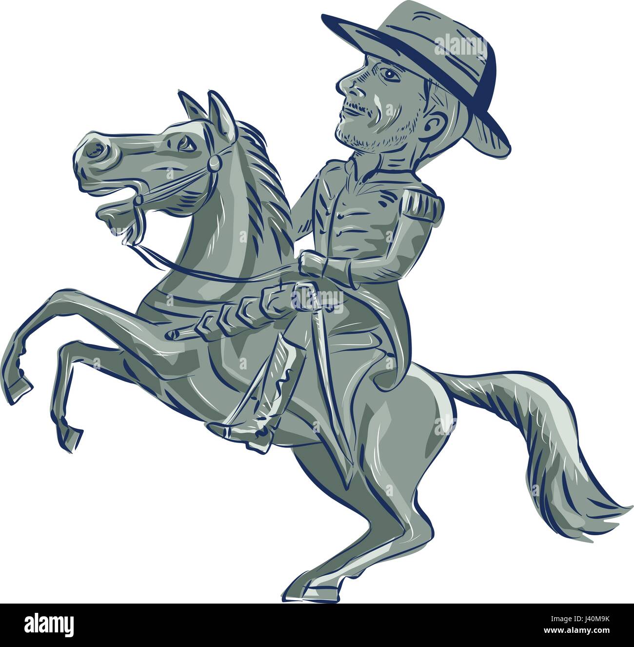Beispiel für eine amerikanische Kavallerie Offizier Reitpferd tänzelnden gesehen von der Seite auf isolierten weißen Hintergrund getan im Cartoon-Stil festgelegt. Stock Vektor