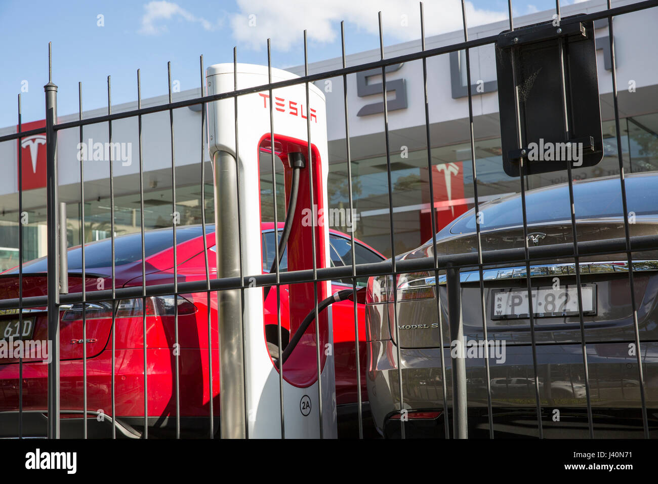 Tesla Elektroautos Showroom und Autos in St. Leonards, Sydney, Australien Stockfoto