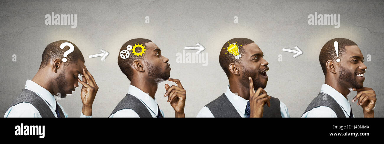 Emotionale Intelligenz. Seitenansicht, Headhots Mann nachdenklich, Sequenz denken, Lösung, Getriebe, Mechanismus, Frage, Ausruf, Glühbirne isola Stockfoto