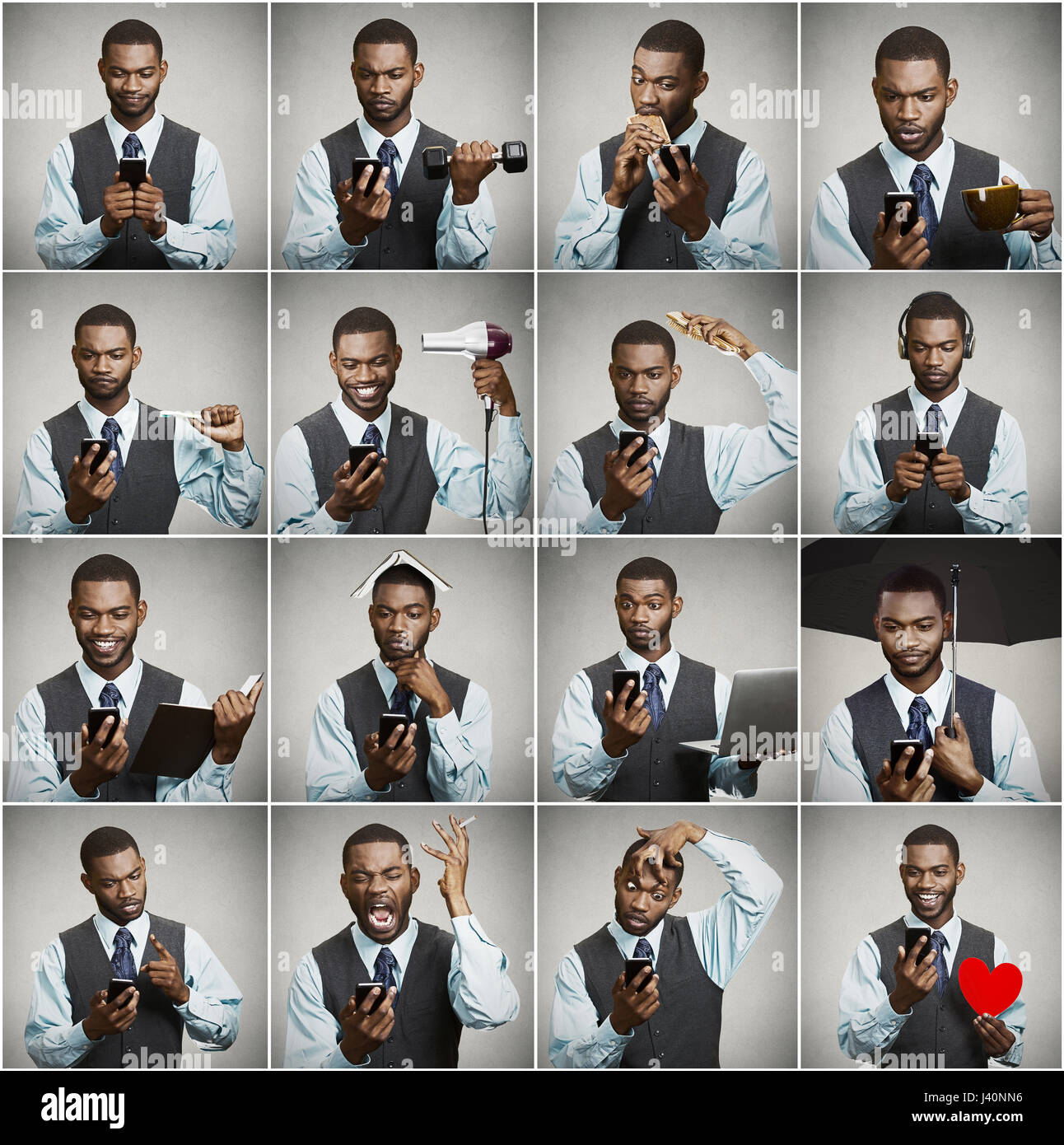 Smartphone sucht Konzept. Collage, Portrait schöne executive Geschäftsmann immer Kontrolle etwas auf Smart Telefon gleichzeitig multitasking Stockfoto