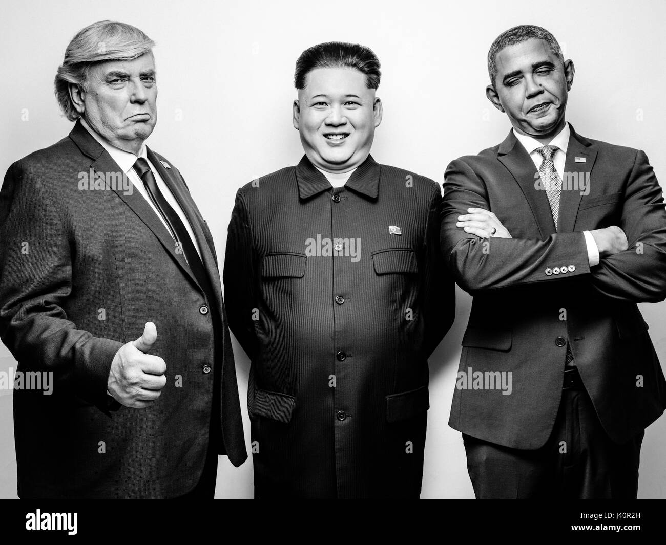 Präsident Donald J Trump, Präsident Barack Obama und obersten Führer von Nordkorea Kim Jong-Un-Lookalikes treffen für ein Fotoshooting in Hong Kong. Stockfoto