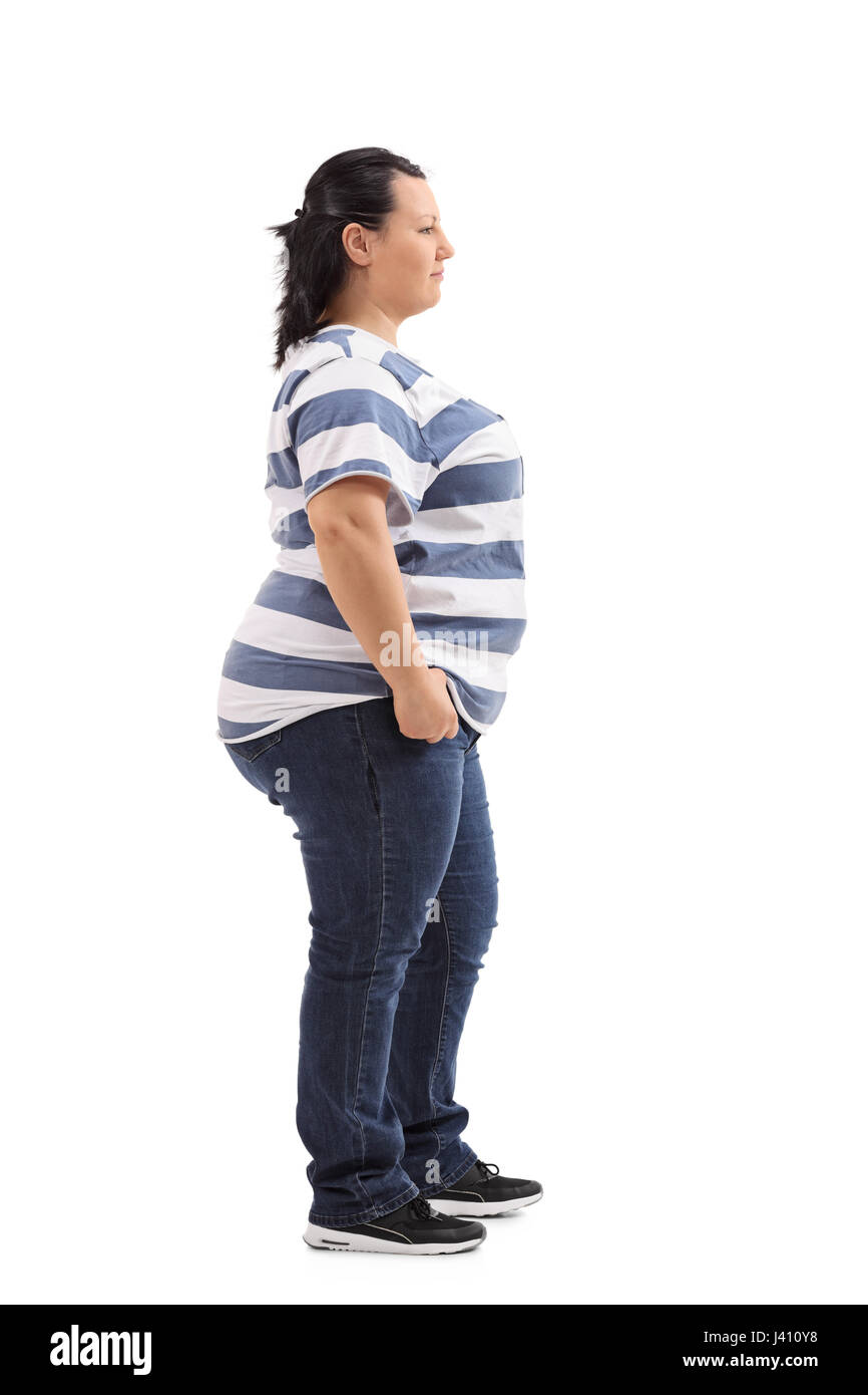 Voller Länge Profil Schuss eine übergewichtige Frau, die in der Schlange isoliert auf weißem Hintergrund Stockfoto