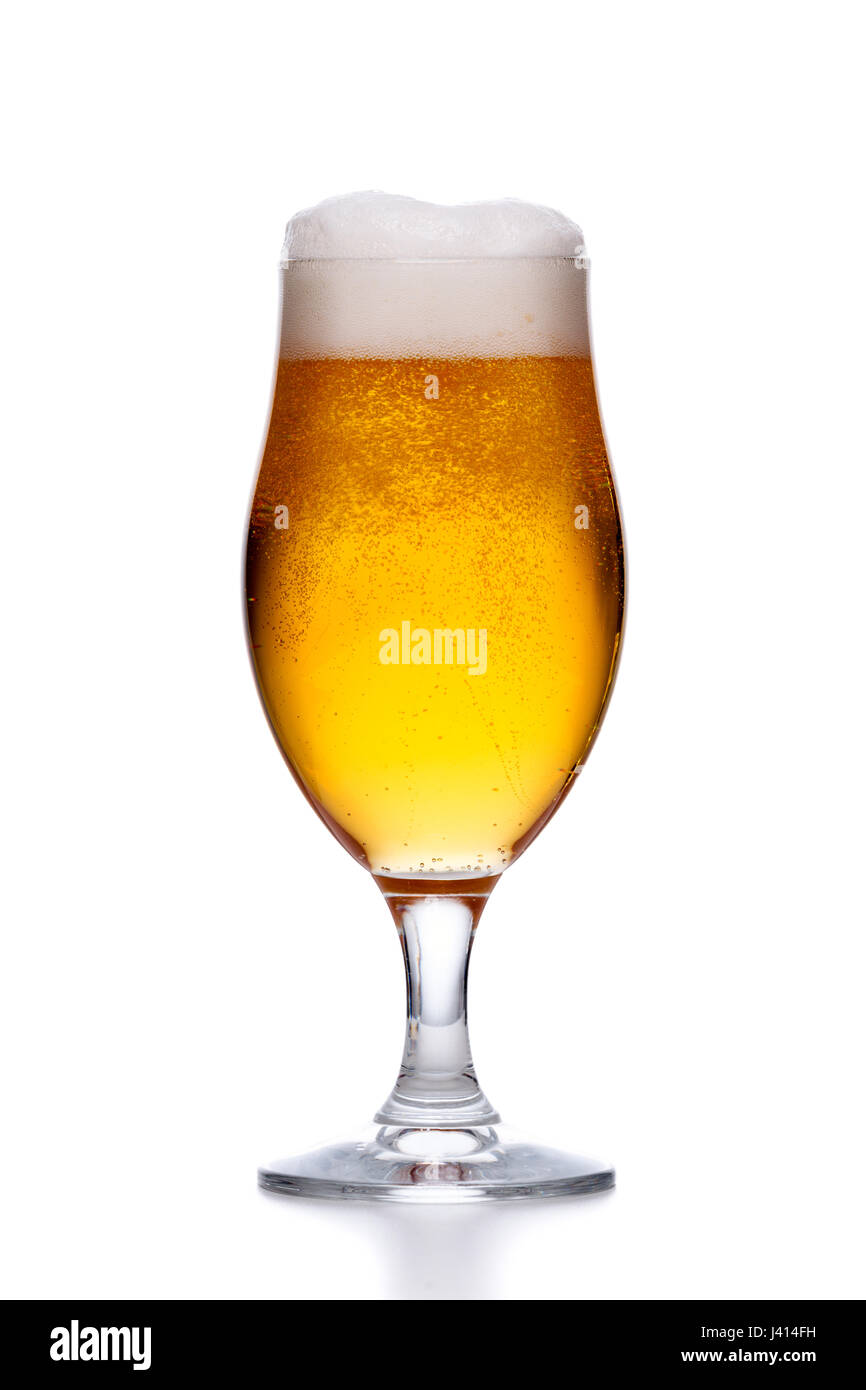 Glas Licht frisches Bier mit Schaum auf weißem Hintergrund Stockfoto