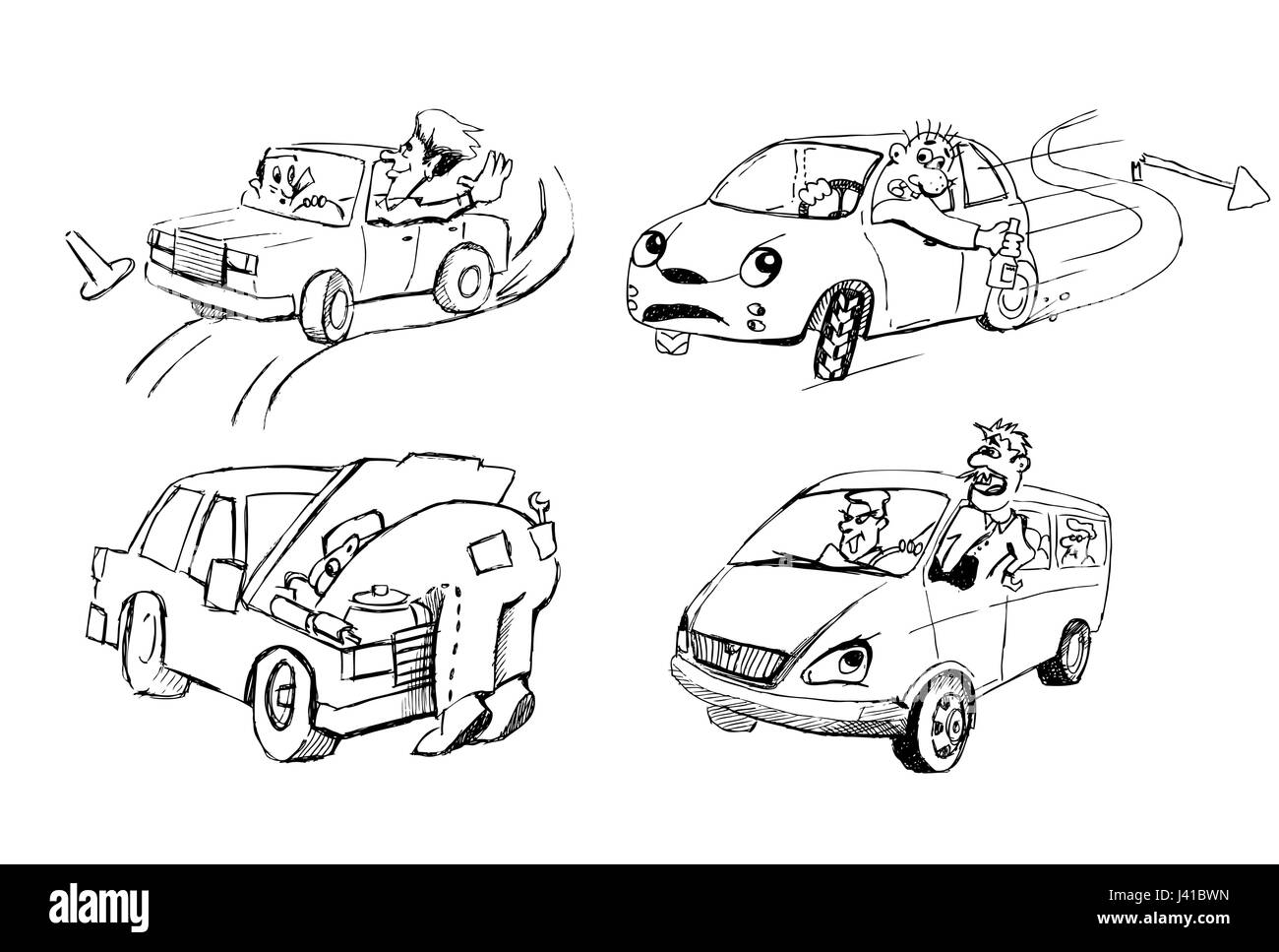 Lustige Zeichnungen von Menschen und Autos Stock Vektor