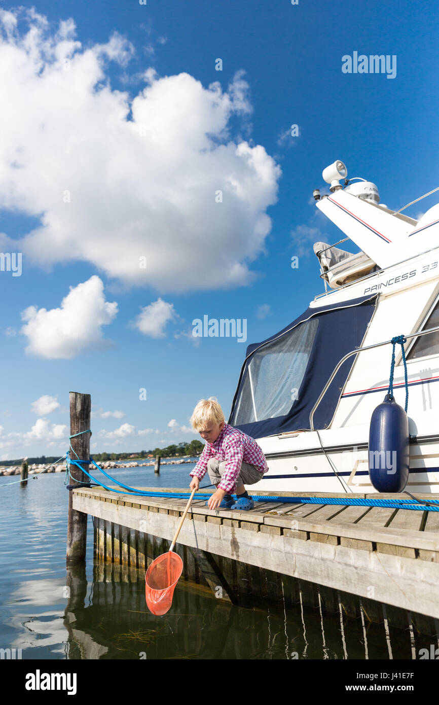 Junge (4 Jahre) mit einem Sprung net auf einem Steg im Hafen, Guldborgsund, Falster, Dänemark Stockfoto